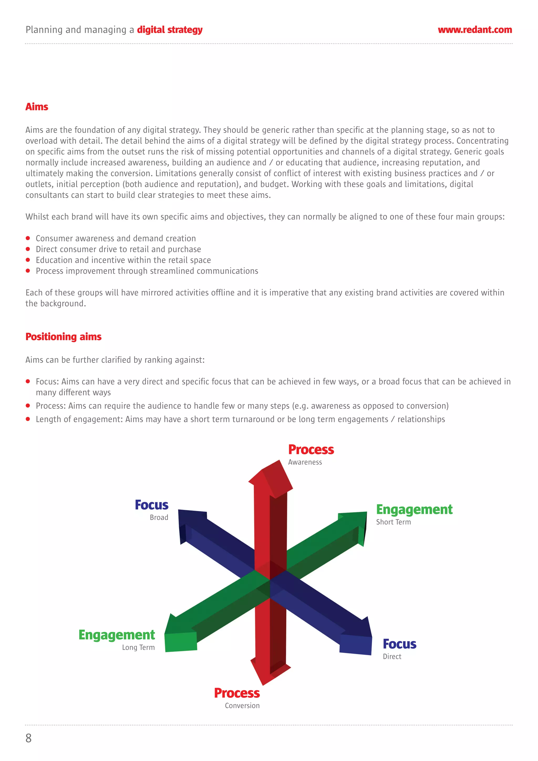 Planning and managing a digital strategy                                                                          www.redant.com




Aims

Aims are the foundation of any digital strategy. They should be generic rather than specific at the planning stage, so as not to
overload with detail. The detail behind the aims of a digital strategy will be defined by the digital strategy process. Concentrating
on specific aims from the outset runs the risk of missing potential opportunities and channels of a digital strategy. Generic goals
normally include increased awareness, building an audience and / or educating that audience, increasing reputation, and
ultimately making the conversion. Limitations generally consist of conflict of interest with existing business practices and / or
outlets, initial perception (both audience and reputation), and budget. Working with these goals and limitations, digital
consultants can start to build clear strategies to meet these aims.

Whilst each brand will have its own specific aims and objectives, they can normally be aligned to one of these four main groups:

•   Consumer awareness and demand creation
•   Direct consumer drive to retail and purchase
•   Education and incentive within the retail space
•   Process improvement through streamlined communications

Each of these groups will have mirrored activities offline and it is imperative that any existing brand activities are covered within
the background.


Positioning aims

Aims can be further clarified by ranking against:

• Focus: Aims can have a very direct and specific focus that can be achieved in few ways, or a broad focus that can be achieved in
  many different ways
• Process: Aims can require the audience to handle few or many steps (e.g. awareness as opposed to conversion)
• Length of engagement: Aims may have a short term turnaround or be long term engagements / relationships


                                                                        Process
                                                                        Awareness




                              Focus                                                              Engagement
                                  Broad
                                                                                                 Short Term




              Engagement
                          Long Term                                                                Focus
                                                                                                   Direct



                                                    Process
                                                       Conversion



8
 