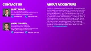 Copyright © 2017 Accenture All rights reserved. |
CONTACTUS
BRODY BUHLER
Global managing director
Accenture post and parcel industry group
robert.b.buhler@accenture.com
ANDRE PHARAND
Principal director and global
management consulting lead
Accenture post and parcel industry group
andre.pharand@accenture.com
Brody Buhler @brodybuhler
Andre Pharand @andre_pharand
ABOUTACCENTURE
Accenture is a leading global professional services company,
providing a broad range of services and solutions in strategy,
consulting, digital, technology and operations. Combining
unmatched experience and specialized skills across more
than 40 industries and all business functions – underpinned
by the world’s largest delivery network – Accenture works at
the intersection of business and technology to help clients
improve their performance and create sustainable value for
their stakeholders. With approximately 425,000 people
serving clients in more than 120 countries, Accenture drives
innovation to improve the way the world works and lives.
Visit us at www.accenture.com.
 