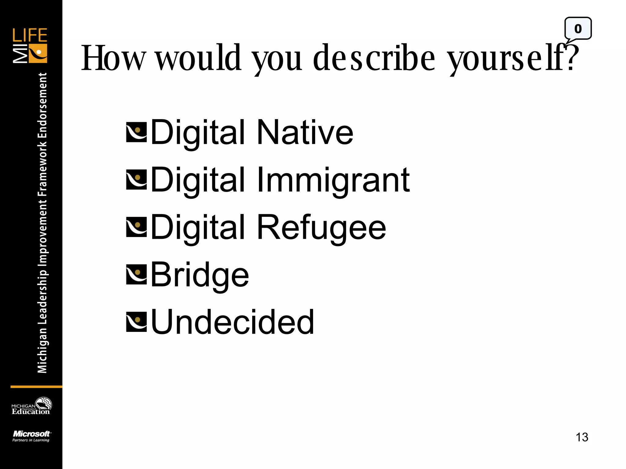 How would you describe yourself? Digital Native Digital Immigrant Digital Refugee Bridge Undecided 0 