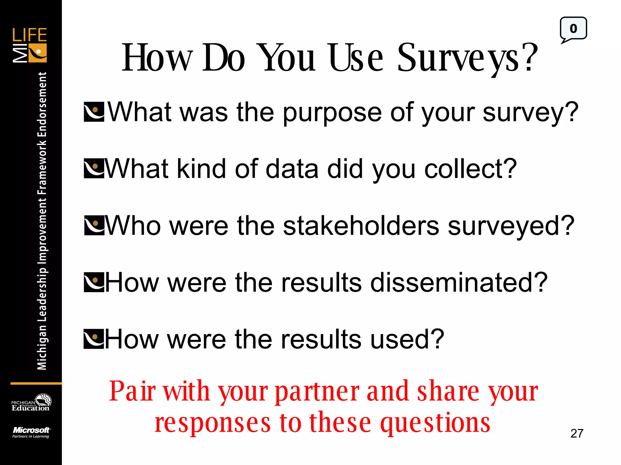 How Do You Use Surveys? What was the purpose of your survey? 0 What kind of data did you collect? Who were the stakeholders surveyed? How were the results disseminated? How were the results used? Pair with your partner and share your responses to these questions 