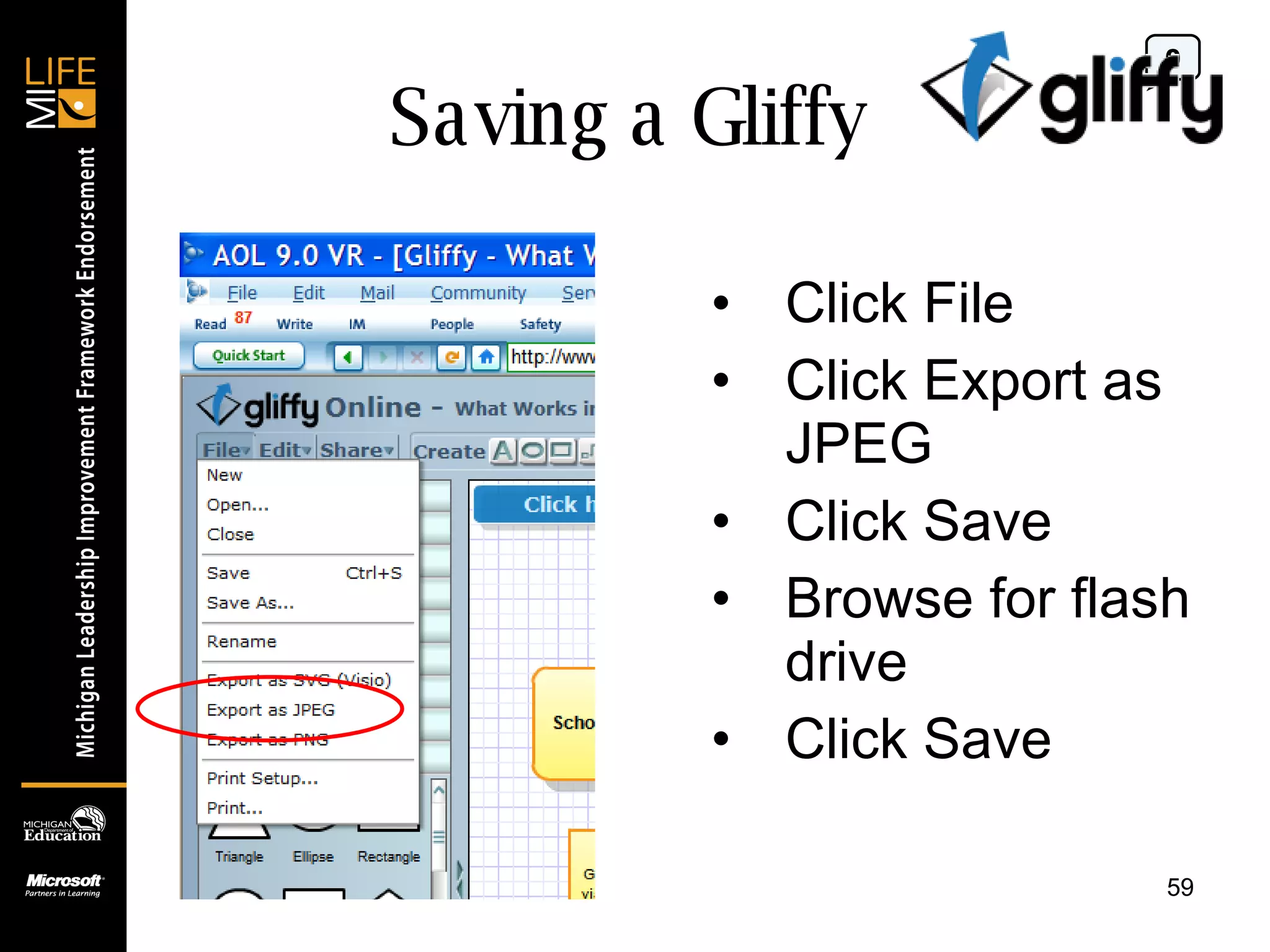 Saving a Gliffy  Click File Click Export as JPEG Click Save Browse for flash drive Click Save 0 