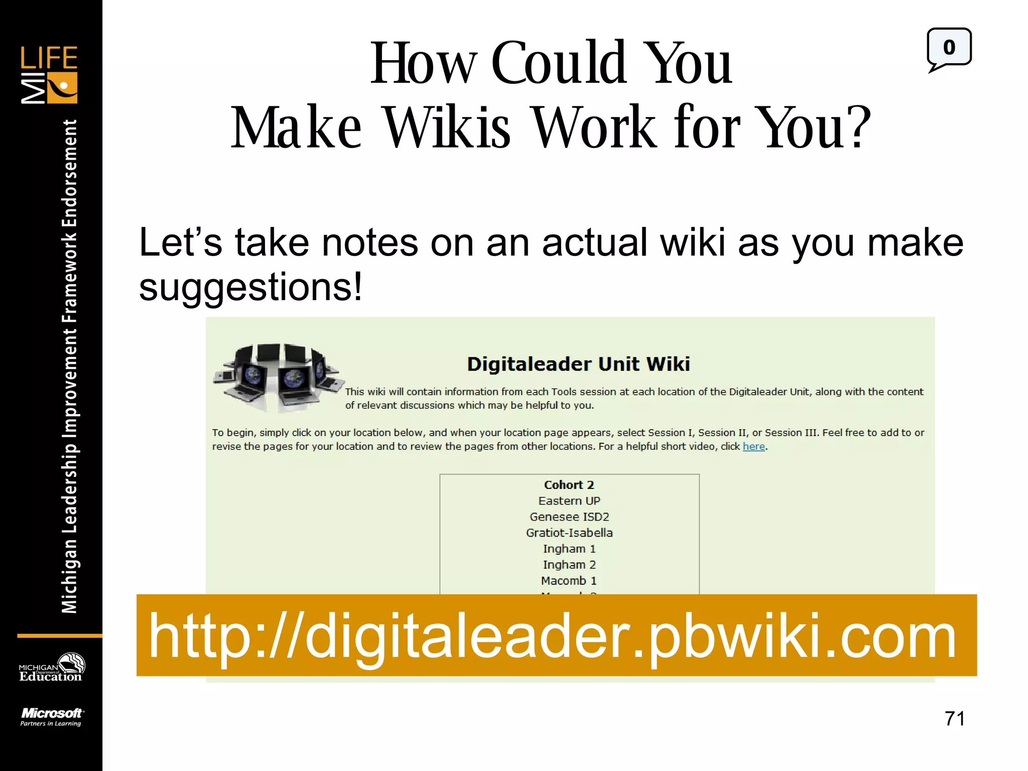 How Could You Make Wikis Work for You? 0 Let’s take notes on an actual wiki as you make suggestions! http://digitaleader.pbwiki.com 