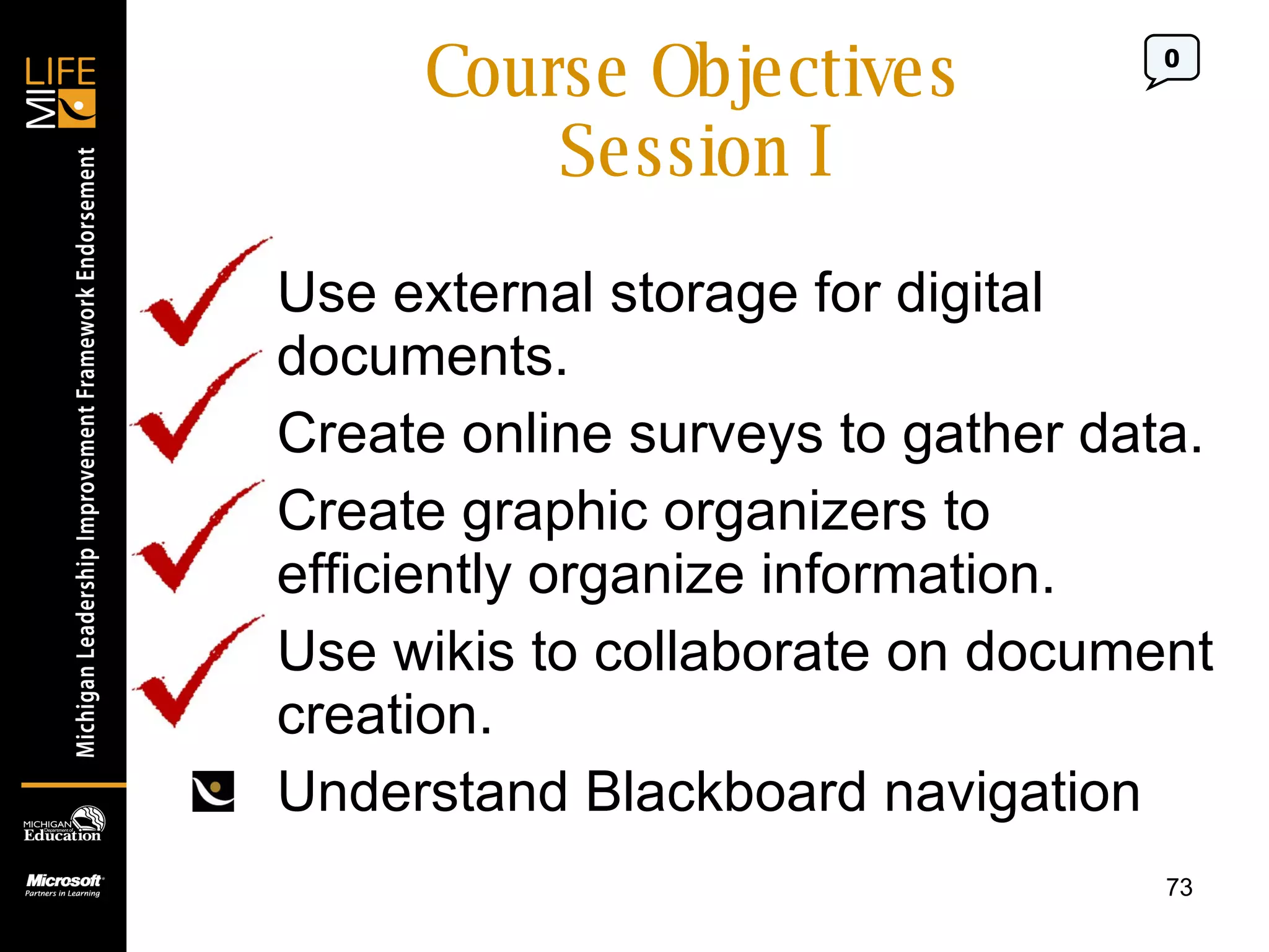 Course Objectives Session I Use external storage for digital documents. Create online surveys to gather data. Create graphic organizers to efficiently organize information. Use wikis to collaborate on document creation. Understand Blackboard navigation 0 