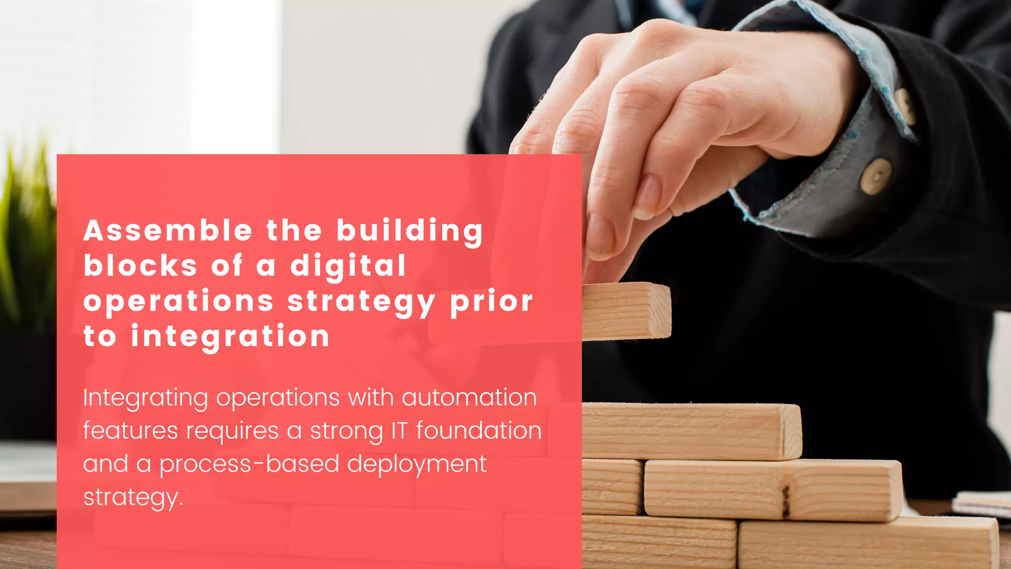 Integrating operations with automation
features requires a strong IT foundation
and a process-based deployment
strategy.
Assemble the building
blocks of a digital
operations strategy prior
to integration
 