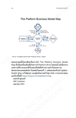 ตอนแรกผมต้ังใจจะเขียนเร่ืองการทำา The Platform Business Model
Map ซ่ึงเป็นเคร่ืองมือเพ่ือวิเคราะห์ Platform ต่างๆ ในตอนน้ี แต่เน่ืองจาก
บทความน้ีน่าจะจบลงท่ีเร่ืองของปัจจัยท่ีสร้างความสำาเร็จและความ
ล้มเหลวของแพลตฟอร์ม จึงขอต่อในตอนท่ี 3 แต่ขอแสดงตัวอย่างรูปของ
Model Map มาให้ดูก่อน และผู้สนใจอาจเข้าไปดู Slide การบรรยายของ
ผมเร่ืองน้ีได้ท่ี https://tinyurl.com/platformmap
ธนชาติ นุ่มนนท์
IMC Institute
เมษายน 2561
24 THANACHART
 