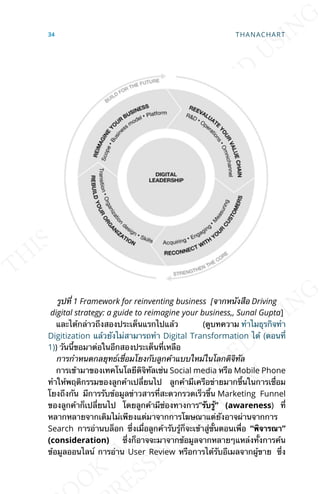 รูปท่ี 1 Framework for reinventing business [จากหนังสือ Driving
digital strategy: a guide to reimagine your business,, Sunal Gupta]
และได้กล่าวถึงสองประเด็นแรกไปแล้ว (ดูบทความ ทำาไมธุรกิจทำา
Digitization แล้วยังไม่สามารถทำา Digital Transformation ได้ (ตอนท่ี
1)) วันน้ีขอมาต่อในอีกสองประเด็นท่ีเหลือ
การกำาหนดกลยุทธ์เช่ือมโยงกับลูกค้าแบบใหม่ในโลกดิจิทัล
การเข้ามาของเทคโนโลยีดิจิทัลเช่น Social media หรือ Mobile Phone
ทำาให้พฤติกรรมของลูกค้าเปล่ียนไป ลูกค้ามีเครือข่ายมากข้ึนในการเช่ือม
โยงถึงกัน มีการรับข้อมูลข่าวสารท่ีสะดวกรวดเร็วข้ึน Marketing Funnel
ของลูกค้าก็เปล่ียนไป โดยลูกค้ามีช่องทางการ”รับรู้” (awareness) ท่ี
หลากหลายจากเดิมไม่เพียงแต่มาจากการโฆษณาแต่ยังอาจผ่านจากการ
Search การอ่านบล็อก ซ่ึงเม่ือลูกค้ารับรู้ก็จะเข้าสู่ข้ันตอนเพ่ือ “พิจารณา”
(consideration) ซ่ึงก็อาจจะมาจากข้อมูลจากหลายๆแหล่งท้ังการค้น
ข้อมูลออนไลน์ การอ่าน User Review หรือการได้รับอีเมลจากผู้ขาย ซ่ึง
34 THANACHART
 