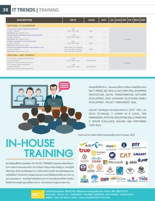 IT TRENDS | TRAINING38
สถาบันไอเอ็มซีให้บริการหลักสูตร IN-HOUSE TRAINING โดยออกแบบเนื้อหาให้เหมาะ
กับความต้องการของแต่ละองค์กร ไม่ว่าจะเป็นความต้องการในระดับพื้นฐาน ระดับปฏิบัติ
หรือระดับสูง ซึ่งสามารถเรียนรู้เฉพาะเจาะจงได้ตามเป้าหมายหลัก สถาบันมีหลักสูตรอบรม
เทคโนโลยีใหม่ๆ ที่องค์กรทั้งภาครัฐและเอกชนสามารถน�าไปใช้เพิ่มประสิทธิภาพการท�างาน
คุณภาพของผลงาน อันน�าไปสู่การเพิ่มศักยภาพทางการแข่งขันในตลาดได้อย่างต่อเนื่อง
โดยมีทีมวิทยากรผู้ทรงคุณวุฒิในสาขาต่างๆ ร่วมถ่ายทอดความรู้และประสบการณ์
หลักสูตรที่เปิดให้บริการ และออกแบบเนื้อหาการเรียนการสอนให้กับองค์กร
ได้แก่ IT TRENDS, BIG DATA, CLOUD COMPUTING, ENTERPRISE
ARCHITECTURE, DIGITAL TRANSFORMATION, SOFTWARE
DEVELOPMENT, AGILE WORKSHOP, BLOCKCHAIN, MOBILE
DEVELOPMENT, PROJECT MANAGEMENT เป็นต้น
นอกจากนี้ ยังมีหลักสูตรทางด้านพัฒนาทักษะต่างๆ (SOFT SKILL) เช่น
SALES TECHNIQUE, IT LEADER AS A COACH, TIME
MANAGEMENT, EFFECTIVE NEGOTIATION SKILLS, PROMOTING
IT SERVICE EXCELLENCE, BUILDING HIGH PERFORMING
TEAM อีกด้วย
IN-HOUSE
TRAINING
สนใจจัดอบรมแบบ INHOUSE หรือสอบถามข้อมูลเพิ่มเติม ติดต่อ IMC INSTITUTE
คุณชลาลัย ใจหาญ (นํ้า) CORPORATE TRAINING PROGRAM AND PROJECT CONSULTANT
MOBILE: 082-452-6464 E-MAIL: CHALALAI@IMCINSTITUTE.COM
DESCRIPTION LEVELRATE DAY DECNOVOCTSEPAUGJUL
CONSTRUCTIVE FEEDBACK SIMULATION WORKSHOP
OUTLINE L REGISTER
INSTRUCTOR: MS. KANNIKAR SETHI"
PRESENTING WITH CONFIDENCE: SIMULATION WORKSHOP
OUTLINE L REGISTER
INSTRUCTOR: MS. KANNIKAR SETHI"
สุนทรียสนทนา (DIALOGUE) ส�าหรับนักบริหารสารสนเทศ
OUTLINE L REGISTER
INSTRUCTOR: IMC INSTITUTE TEAM"
EFFECTIVE COLLABORATION WORK USING MODERN IT TOOLS
OUTLINE L REGISTER
INSTRUCTOR: IMC INSTITUTE TEAM"
IEEE TECHNICAL PRESENTATION WORKSHOP
OUTLINE LREGISTER
INSTRUCTOR: IEEE CERTIFIED INSTRUCTOR
IEEE TECHNICAL WRITING WORKSHOP
OUTLINE L REGISTER
INSTRUCTOR: IEEE CERTIFIED INSTRUCTOR
6,900
(EARLY BIRD 6,500)
11,900
(EARLY BIRD 10,900)
6,900
(EARLY BIRD 6,500)
7,900 DURING THE PROMOTION
5,500 (EARLY BIRD 4,900 BAHT)
WITH YOUR OWN COMPUTER
12,900
(EARLY BIRD 11,900)
12,900
(EARLY BIRD 11,900)
BASIC
BASIC
BASIC
BASIC
INTERMEDIATE
INTERMEDIATE
1
2
1
2
2
2
SOFTSKILL: IT LEADERSHIP
SOFTSKILL: IEEE COURSES
ONREQUEST
ONREQUEST
ตัวอย่างหน่วยงานที่สถาบันให้การออกแบบเนื้อหาและท�าการอบรม มีดังนี้
 