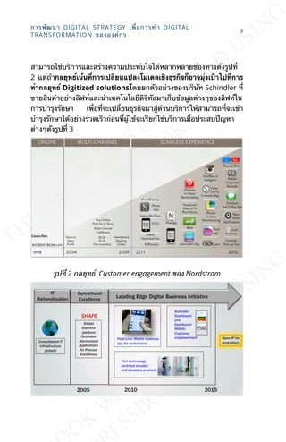 สามารถใช้บริการและสร้างความประทับใจได้หลากหลายช่องทางดังรูปท่ี
2 แต่ถ้ากลยุทธ์เน้นท่ีการเปล่ียนแปลงโมเดลเชิงธุรกิจก็อาจมุ่งเป้าไปท่ีการ
ทำากลยุทธ์ Digitized solutionsโดยยกตัวอย่างของบริษัท Schindler ท่ี
ขายสินค้าอย่างลิฟท์และนำาเทคโนโลยีดิจิทัลมาเก็บข้อมูลต่างๆของลิฟท์ใน
การบำารุงรักษา เพ่ือท่ีจะเปล่ียนธุรกิจมาสู่ด้านบริการให้สามารถท่ีจะเข้า
บำารุงรักษาได้อย่างรวดเร็วก่อนท่ีผู้ใช้จะเรียกใช้บริการเม่ือประสบปัญหา
ต่างๆดังรูปท่ี 3
รูปท่ี 2 กลยุทธ์ Customer engagement ของ Nordstrom
การพัฒนา DIGITAL STRATEGY เพ่ือการทำา DIGITAL
TRANSFORMATION ขององค์กร
3
 