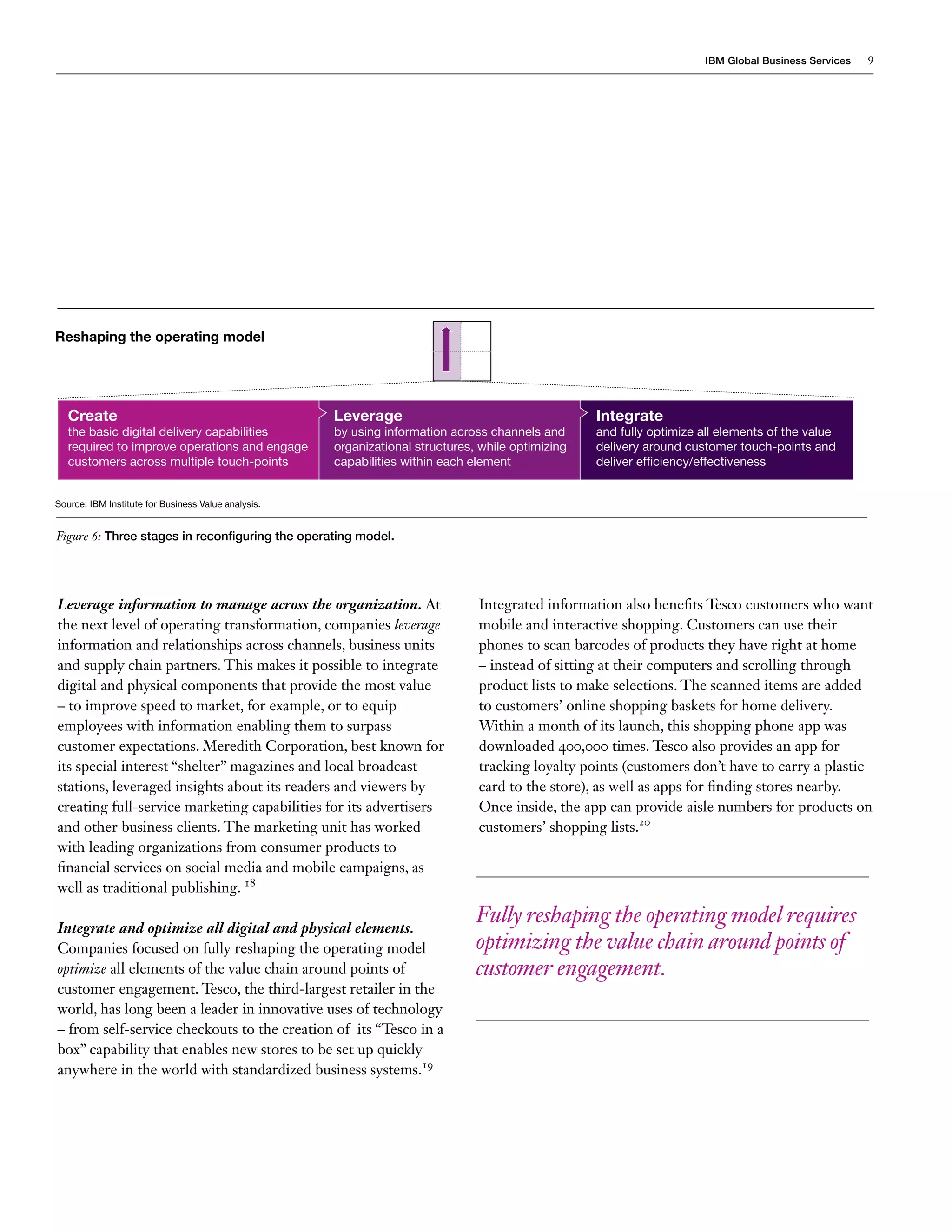 IBM Global Business Services 9
Leverage information to manage across the organization. At
the next level of operating transformation, companies leverage
information and relationships across channels, business units
and supply chain partners. This makes it possible to integrate
digital and physical components that provide the most value
– to improve speed to market, for example, or to equip
employees with information enabling them to surpass
customer expectations. Meredith Corporation, best known for
its special interest “shelter” magazines and local broadcast
stations, leveraged insights about its readers and viewers by
creating full-service marketing capabilities for its advertisers
and other business clients. The marketing unit has worked
with leading organizations from consumer products to
financial services on social media and mobile campaigns, as
well as traditional publishing. 18
Integrate and optimize all digital and physical elements.
Companies focused on fully reshaping the operating model
optimize all elements of the value chain around points of
customer engagement. Tesco, the third-largest retailer in the
world, has long been a leader in innovative uses of technology
– from self-service checkouts to the creation of its “Tesco in a
box” capability that enables new stores to be set up quickly
anywhere in the world with standardized business systems.19
Source: IBM Institute for Business Value analysis.
Figure 6: Three stages in reconfiguring the operating model.
Create
the basic digital delivery capabilities
required to improve operations and engage
customers across multiple touch-points
Leverage
by using information across channels and
organizational structures, while optimizing
capabilities within each element
Integrate
and fully optimize all elements of the value
delivery around customer touch-points and
deliver efficiency/effectiveness
Fully reshaping the operating model requires
optimizing the value chain around points of
customer engagement.
Integrated information also benefits Tesco customers who want
mobile and interactive shopping. Customers can use their
phones to scan barcodes of products they have right at home
– instead of sitting at their computers and scrolling through
product lists to make selections. The scanned items are added
to customers’ online shopping baskets for home delivery.
Within a month of its launch, this shopping phone app was
downloaded 400,000 times. Tesco also provides an app for
tracking loyalty points (customers don’t have to carry a plastic
card to the store), as well as apps for finding stores nearby.
Once inside, the app can provide aisle numbers for products on
customers’ shopping lists.20
Reshaping the operating model
 