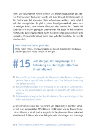 162 | Organisationsstruktur: Vom Superheld zur Gummibärenbande
Heim- und Teilzeitarbeit fordern werden, was bisher hauptsächlich bei älte-
ren Arbeitnehmern beobachtet wurde, die zum Beispiel Verpflichtungen in
der Familie oder bei alternden Eltern wahrnehmen wollten. Heute scheint
sich dies anzugleichen. Es gleicht einem Paradigmenwechsel, wenn heu-
te »weniger Arbeit, mehr Leben« offen postuliert werden darf. Gerade bei
scheinbar konservativ geprägten Unternehmen wie Bosch im konservativen
Musterländle Baden-Württemberg macht man sich gezielt Gedanken über eine
innovative Personalentwicklung durch neue Arbeitszeitmodelle, die bereits
etabliert sind.
Mehr Futter fürs Gehirn gibt’s hier
Ulrike Hellert (2014): Arbeitszeitmodelle der Zukunft. Arbeitszeiten flexibel und
attraktiv gestalten. Haufe, Freiburg im Breisgau.
Selbstorganisationsprinzip: Die
Befreiung aus der tayloristischen
Unmündigkeit
ÂÂ Der preußische Untertanengeist im Oben-und-Unten-Denken ist Vergan-
genheit. Was in dynamischen Umfeldern zählt, sind Selbstverantwortung
und Selbststeuerung.
ÂÂ Führungskräfte erlangen mehr Freiräume für die Arbeit AM Unternehmen,
wenn sie die Verantwortung des operativen Geschäfts IM Unternehmen
abgeben.
ÂÂ Marktwendigkeit beginnt bei den Mitarbeitern. Sie zu ermächtigen ist das
Gebot der digitalen Stunde.
Sie erinnern sich doch an den Hauptmann von Köpenick? Ein gewitzter Schus-
ter mit einer ausgeprägten Affinität zum Militärwesen und zu dessen Hierar-
chieverständnis schlüpft in eine ausgediente Hauptmannsuniform, rekrutiert
eine Handvoll Soldaten, die seine Befugnis nicht hinterfragen und überzeugt
#15
 