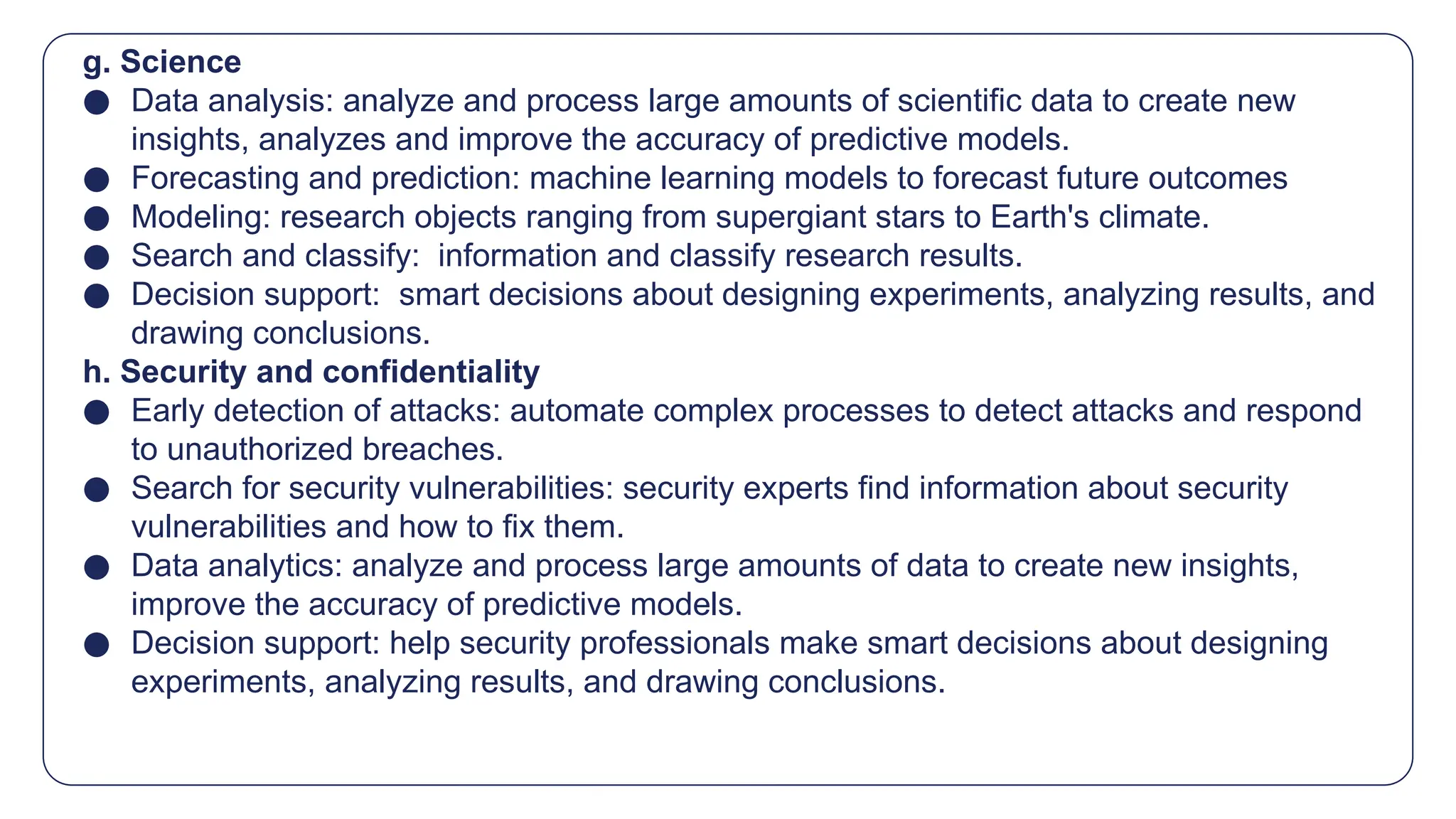 g. Science
● Data analysis: analyze and process large amounts of scientific data to create new
insights, analyzes and improve the accuracy of predictive models.
● Forecasting and prediction: machine learning models to forecast future outcomes
● Modeling: research objects ranging from supergiant stars to Earth's climate.
● Search and classify: information and classify research results.
● Decision support: smart decisions about designing experiments, analyzing results, and
drawing conclusions.
h. Security and confidentiality
● Early detection of attacks: automate complex processes to detect attacks and respond
to unauthorized breaches.
● Search for security vulnerabilities: security experts find information about security
vulnerabilities and how to fix them.
● Data analytics: analyze and process large amounts of data to create new insights,
improve the accuracy of predictive models.
● Decision support: help security professionals make smart decisions about designing
experiments, analyzing results, and drawing conclusions.
 