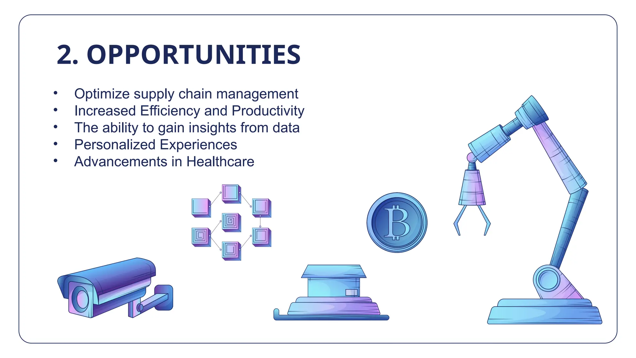 • Optimize supply chain management
• Increased Efficiency and Productivity
• The ability to gain insights from data
• Personalized Experiences
• Advancements in Healthcare
2. OPPORTUNITIES
 