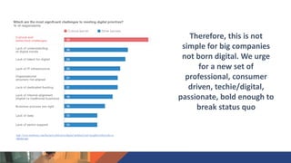 Therefore, this is not
simple for big companies
not born digital. We urge
for a new set of
professional, consumer
driven, techie/digital,
passionate, bold enough to
break status quo
http://www.mckinsey.com/business-functions/digital-mckinsey/our-insights/culture-for-a-
digital-age
 