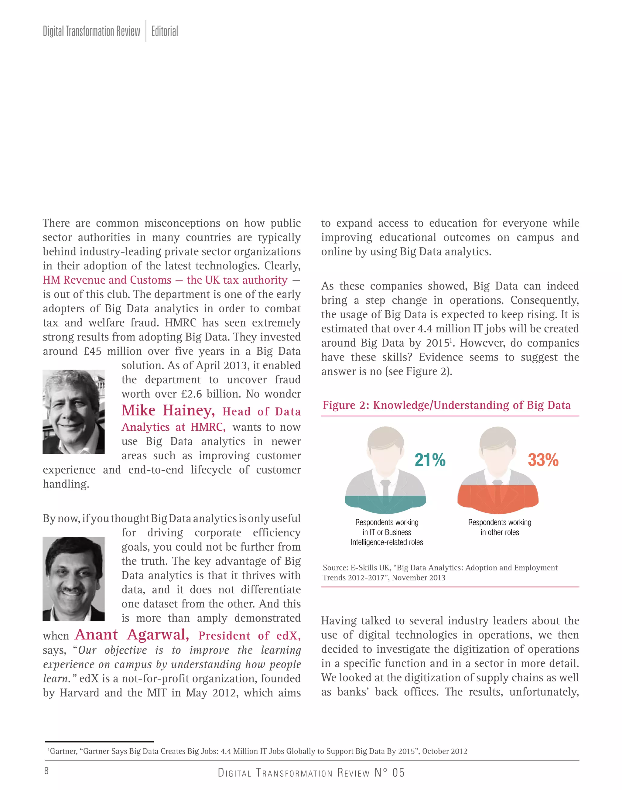Digital Transformation Review Editorial

There are common misconceptions on how public
sector authorities in many countries are typically
behind industry-leading private sector organizations
in their adoption of the latest technologies. Clearly,
HM Revenue and Customs – the UK tax authority –
is out of this club. The department is one of the early
adopters of Big Data analytics in order to combat
tax and welfare fraud. HMRC has seen extremely
strong results from adopting Big Data. They invested
around £45 million over five years in a Big Data
solution. As of April 2013, it enabled
the department to uncover fraud
worth over £2.6 billion. No wonder
Mike Hainey, Head of Data
Analytics at HMRC, wants to now
use Big Data analytics in newer
areas such as improving customer
experience and end-to-end lifecycle of customer
handling.
By now, if you thought Big Data analytics is only useful
for driving corporate efficiency
goals, you could not be further from
the truth. The key advantage of Big
Data analytics is that it thrives with
data, and it does not differentiate
one dataset from the other. And this
is more than amply demonstrated
when Anant Agarwal, President of edX,
says, “Our objective is to improve the learning
experience on campus by understanding how people
learn.” edX is a not-for-profit organization, founded
by Harvard and the MIT in May 2012, which aims

to expand access to education for everyone while
improving educational outcomes on campus and
online by using Big Data analytics.
As these companies showed, Big Data can indeed
bring a step change in operations. Consequently,
the usage of Big Data is expected to keep rising. It is
estimated that over 4.4 million IT jobs will be created
around Big Data by 20151. However, do companies
have these skills? Evidence seems to suggest the
answer is no (see Figure 2).
Figure 2: Knowledge/Understanding of Big Data

21%

Respondents working
in IT or Business
Intelligence-related roles

Respondents working
in other roles

Source: E-Skills UK, “Big Data Analytics: Adoption and Employment
Trends 2012-2017”, November 2013

Having talked to several industry leaders about the
use of digital technologies in operations, we then
decided to investigate the digitization of operations
in a specific function and in a sector in more detail.
We looked at the digitization of supply chains as well
as banks’ back offices. The results, unfortunately,

Gartner, “Gartner Says Big Data Creates Big Jobs: 4.4 Million IT Jobs Globally to Support Big Data By 2015”, October 2012

1

8

33%

D I G I TA L T R A N S F O R M AT I O N R E V I E W N° 05

 