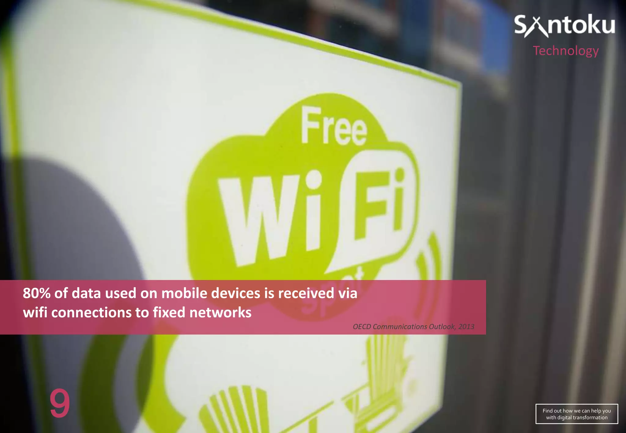 Technology

80% of data used on mobile devices is received via
wifi connections to fixed networks
OECD Communications Outlook, 2013

9

Find out how we can help you
with digital transformation

 
