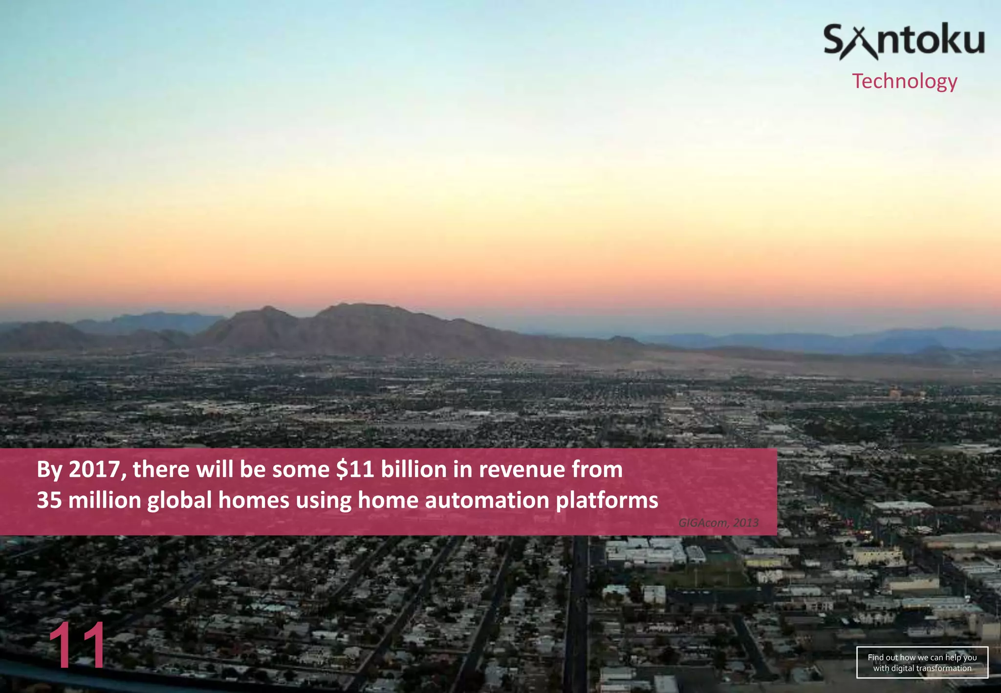 Technology

By 2017, there will be some $11 billion in revenue from
35 million global homes using home automation platforms
GIGAcom, 2013

11

Find out how we can help you
with digital transformation

 