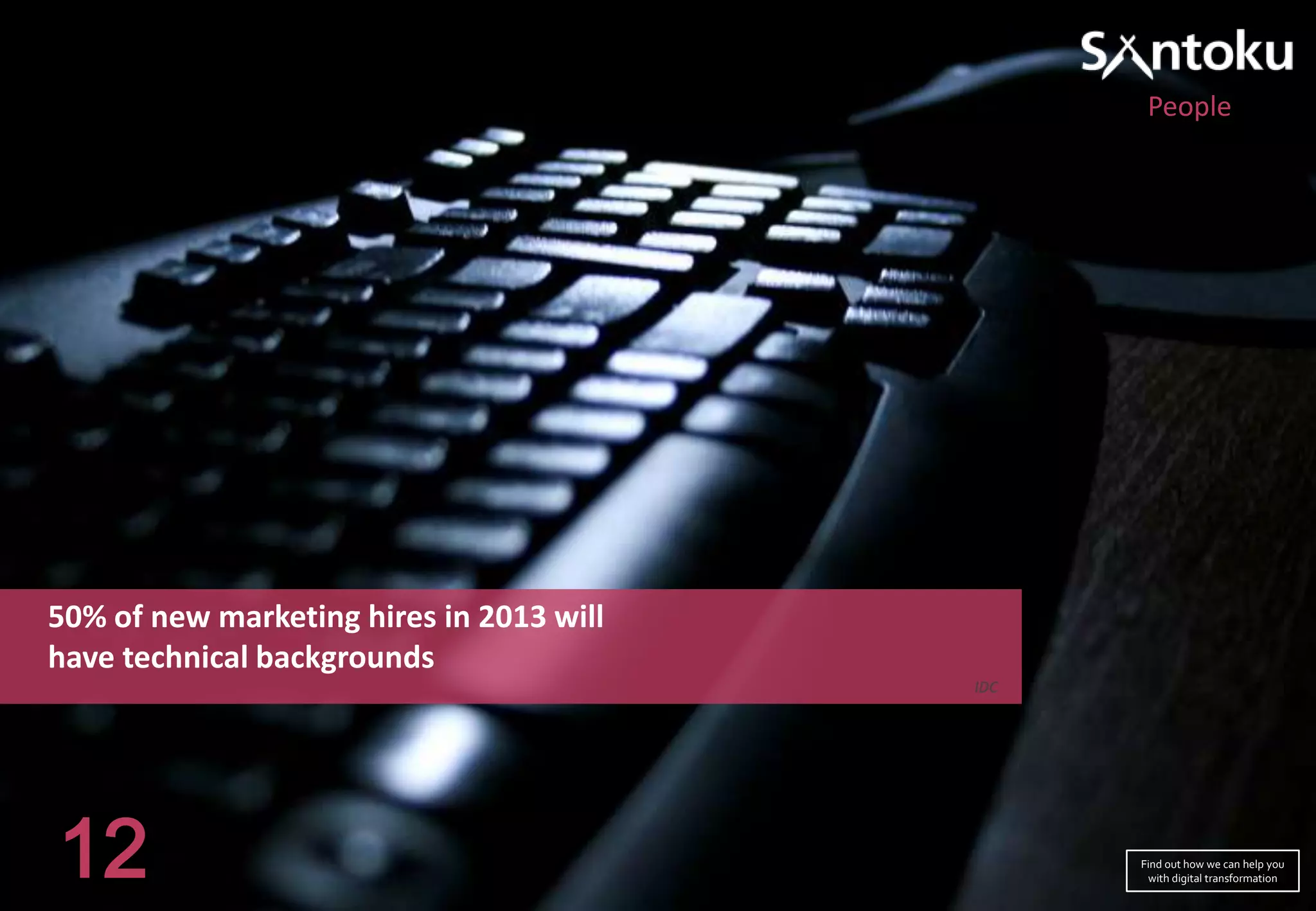 People

50% of new marketing hires in 2013 will
have technical backgrounds
IDC

12

Find out how we can help you
with digital transformation

 