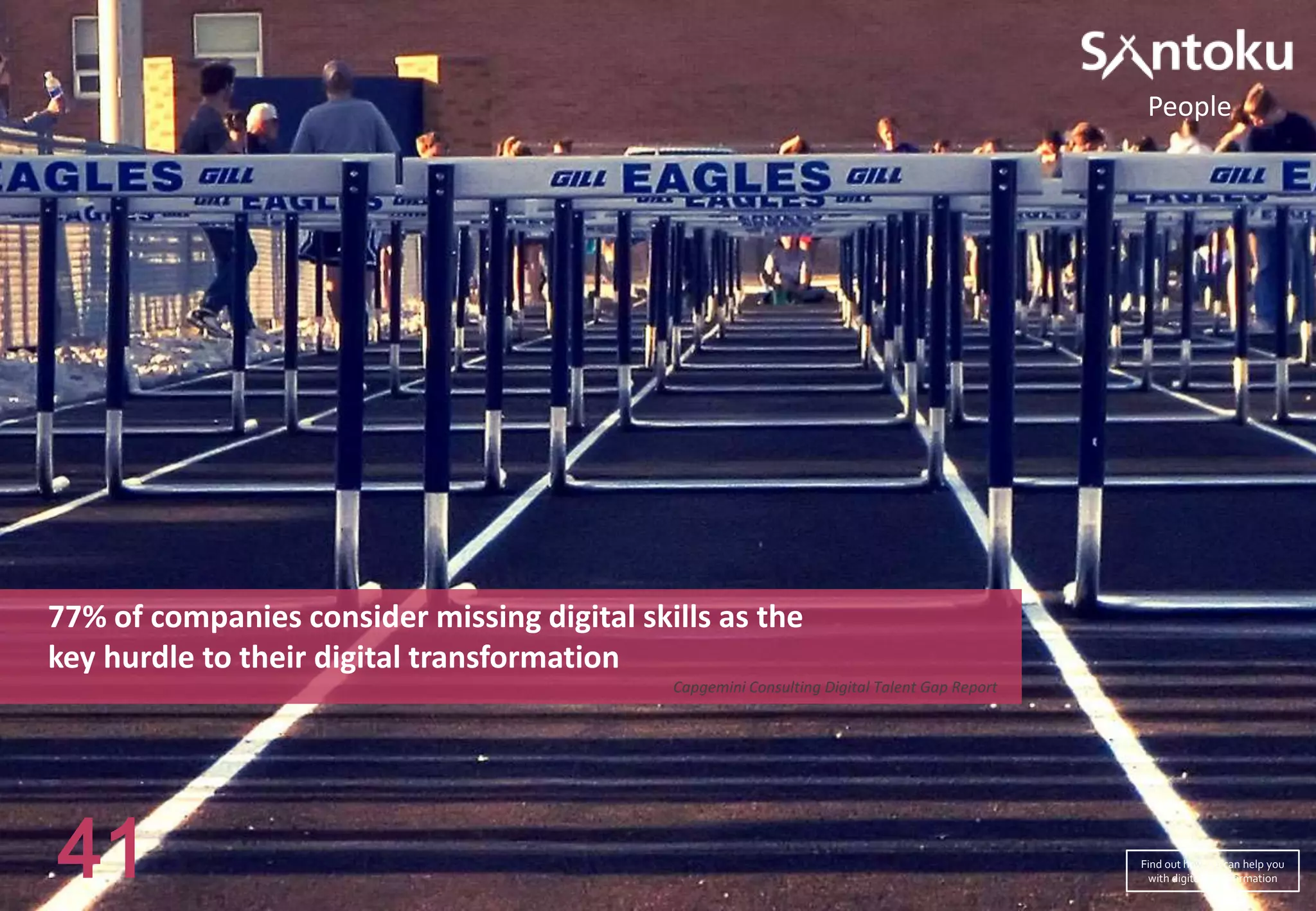 People

77% of companies consider missing digital skills as the
key hurdle to their digital transformation
Capgemini Consulting Digital Talent Gap Report

41

Find out how we can help you
with digital transformation

 