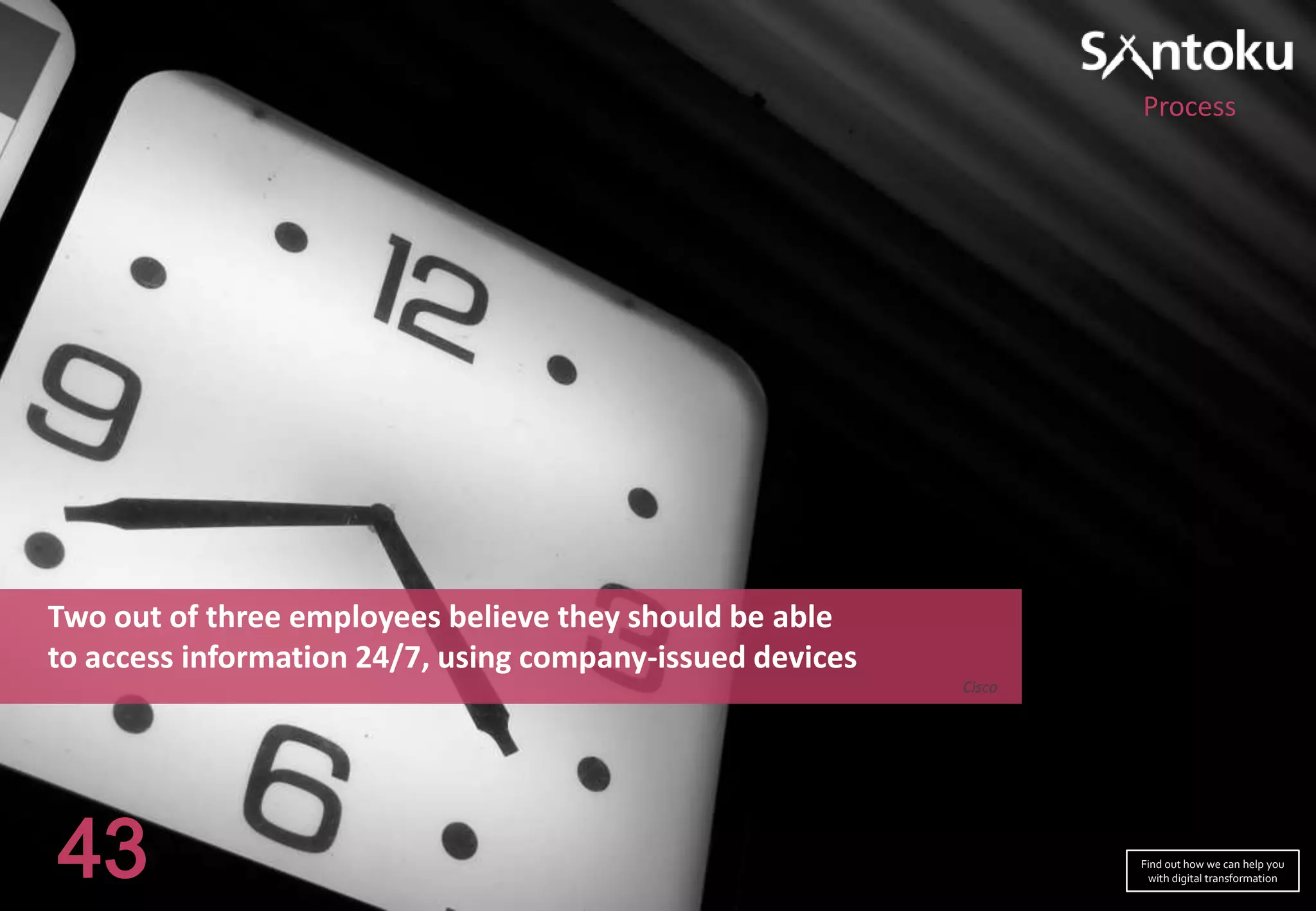 Process

Two out of three employees believe they should be able
to access information 24/7, using company-issued devices
Cisco

43

Find out how we can help you
with digital transformation

 