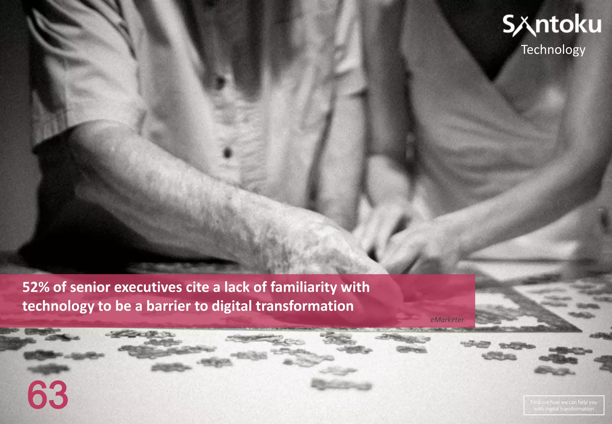 Technology

52% of senior executives cite a lack of familiarity with
technology to be a barrier to digital transformation
eMarketer

63

Find out how we can help you
with digital transformation

 