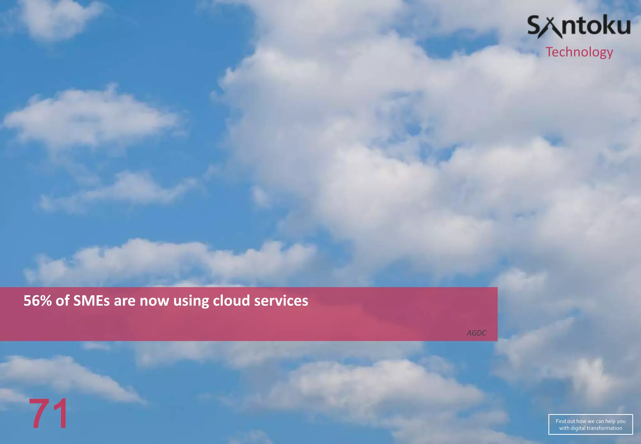 Technology

56% of SMEs are now using cloud services
AGDC

71

Find out how we can help you
with digital transformation

 