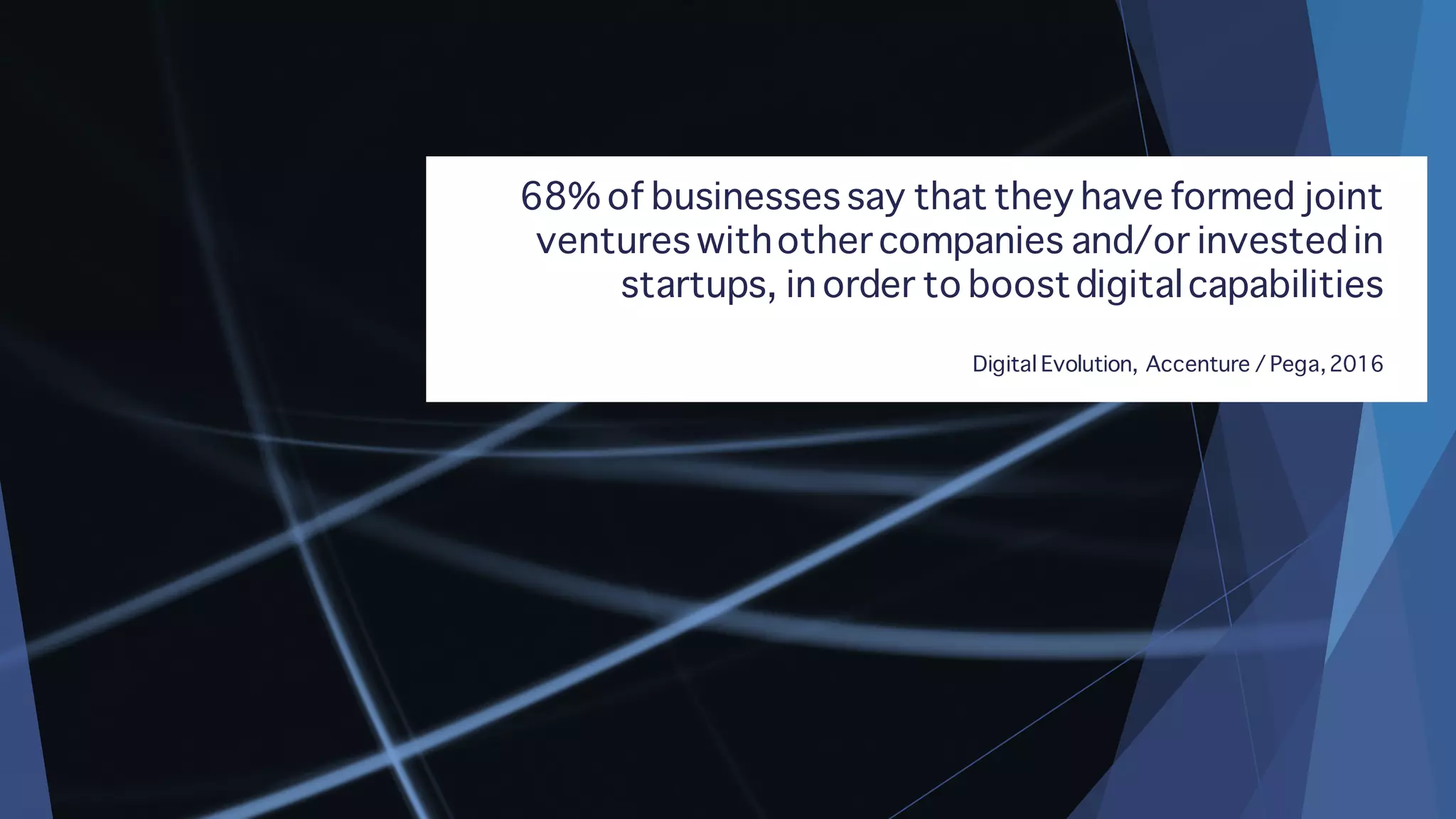 68% of businesses say that they have formed joint
ventures withother companies and/or investedin
startups, in order to boostdigitalcapabilities
Digital Evolution, Accenture / Pega,2016
 
