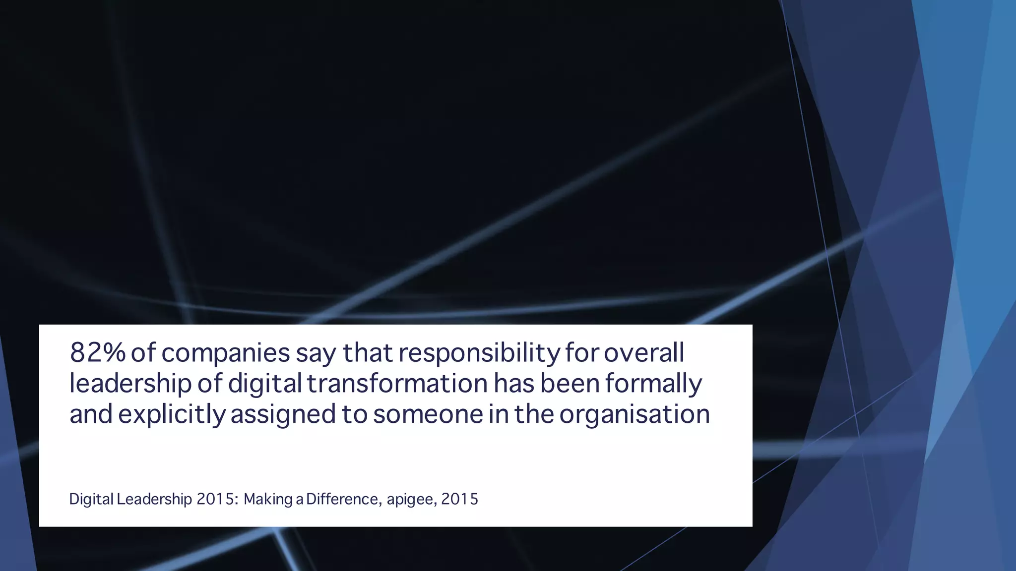 82% of companies say that responsibilityfor overall
leadership of digitaltransformation has been formally
and explicitlyassigned to someone in the organisation
Digital Leadership 2015: Making a Difference, apigee, 2015
 