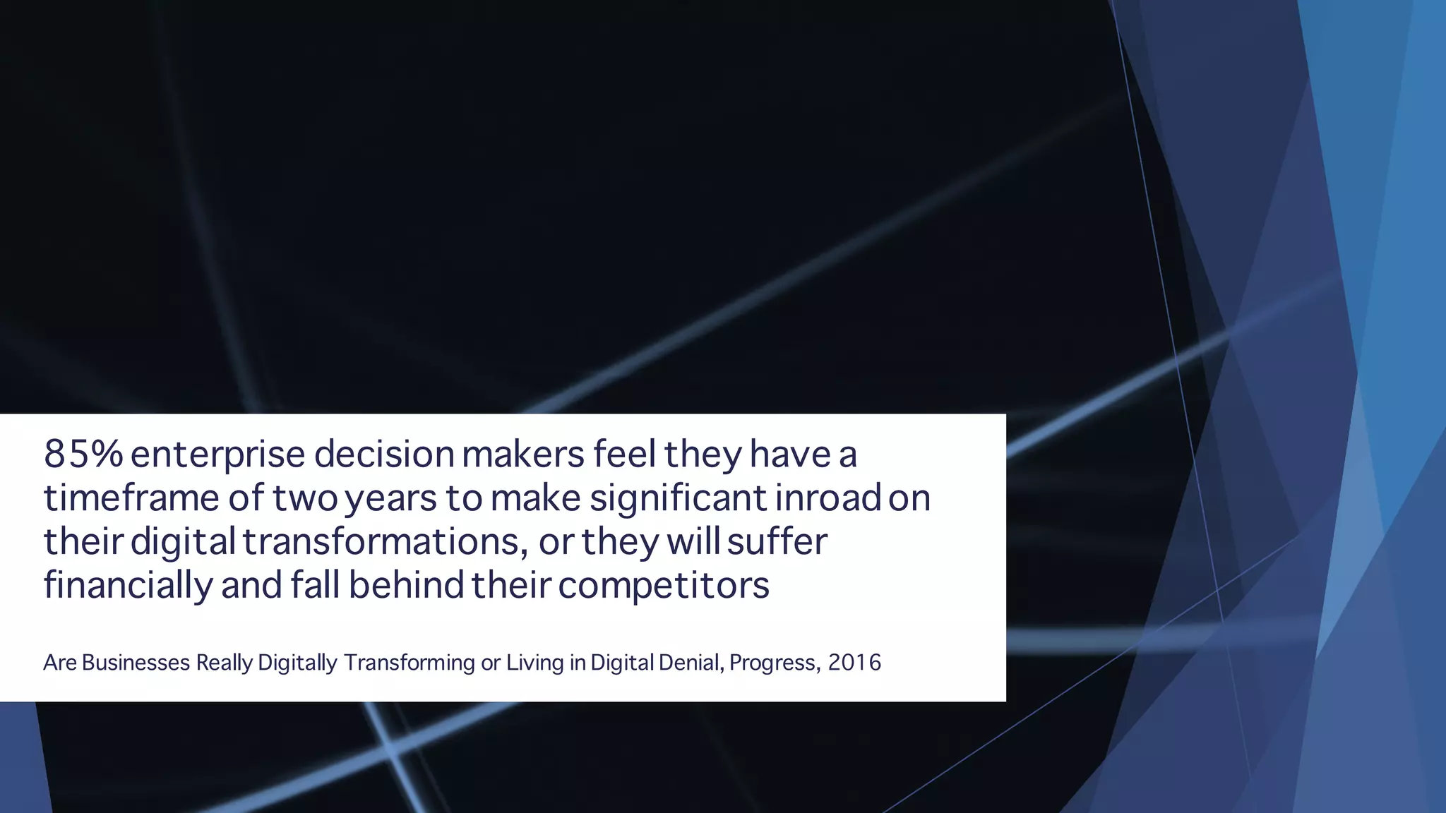 85% enterprise decision makers feel they have a
timeframe of twoyears to make significant inroadon
their digitaltransformations, or they willsuffer
financially and fall behindtheir competitors
Are Businesses Really Digitally Transforming or Living in Digital Denial, Progress, 2016
 