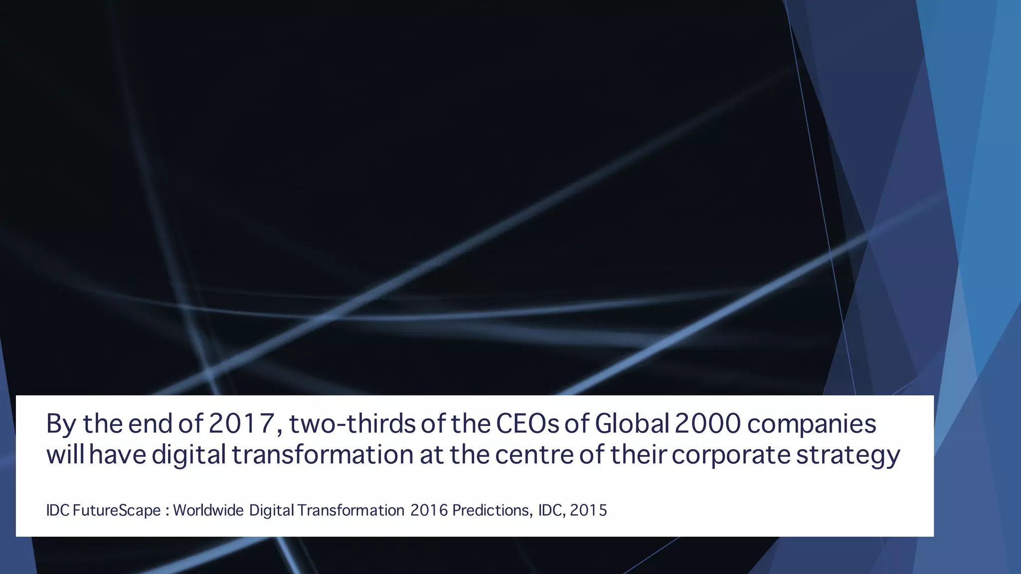 By the end of 2017, two-thirds of the CEOs of Global2000 companies
willhave digital transformation at the centre of their corporate strategy
IDC FutureScape : Worldwide Digital Transformation 2016 Predictions, IDC, 2015
 