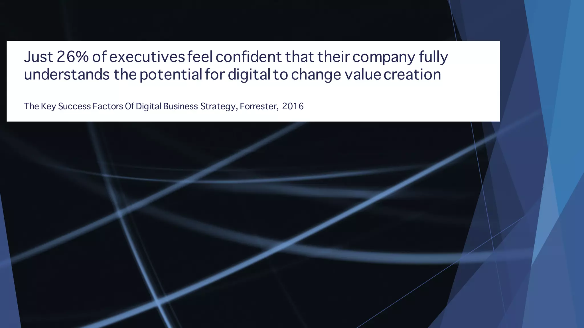 Just 26% of executivesfeel confident that their company fully
understands the potentialfor digitalto change valuecreation
The Key Success Factors Of Digital Business Strategy, Forrester, 2016
 