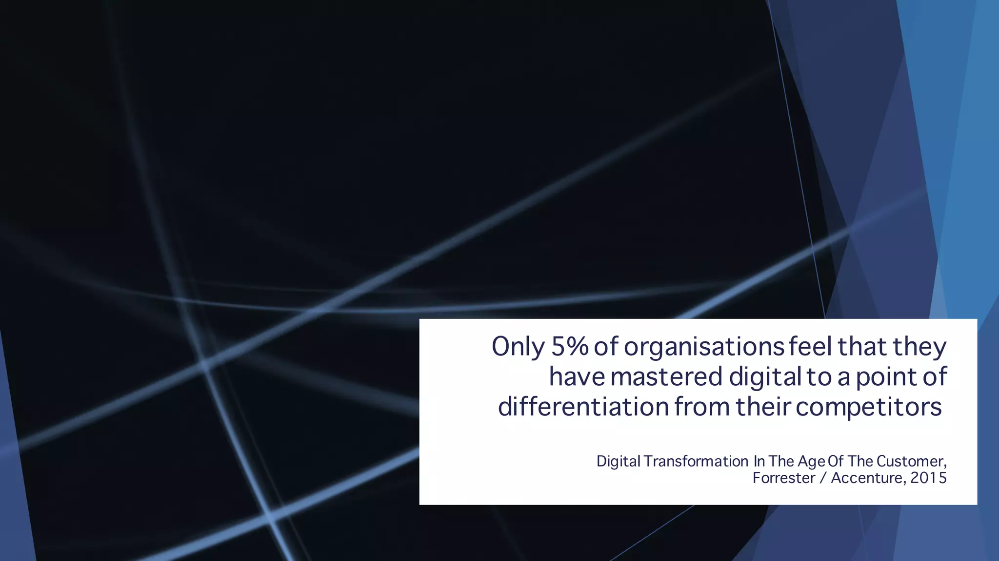 Only 5% of organisationsfeel that they
have mastered digitalto a point of
differentiation from their competitors
Digital Transformation In The AgeOf The Customer,
Forrester / Accenture, 2015
 