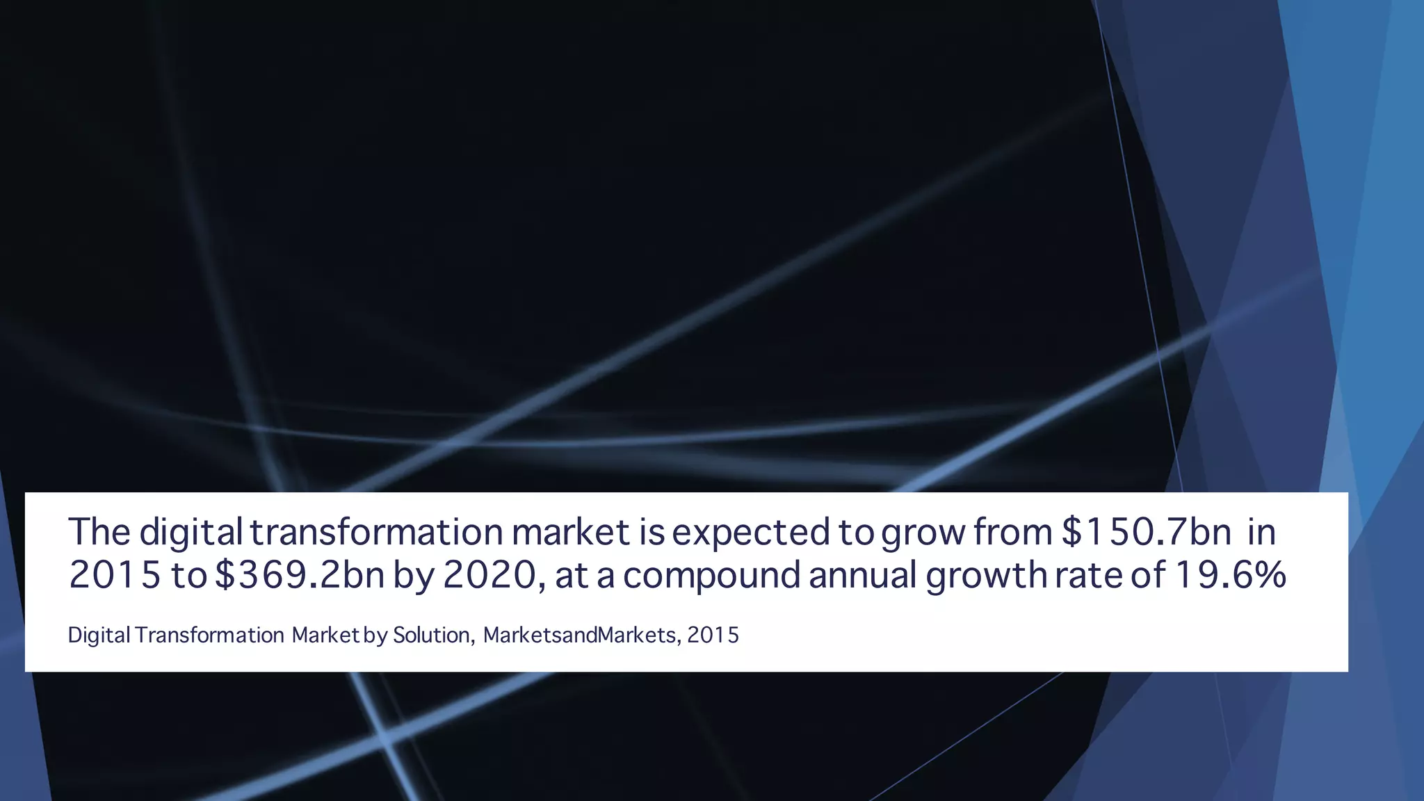 The digitaltransformation market is expected togrow from $150.7bn in
2015 to$369.2bn by 2020, at a compound annual growth rate of 19.6%
Digital Transformation Marketby Solution, MarketsandMarkets, 2015
 