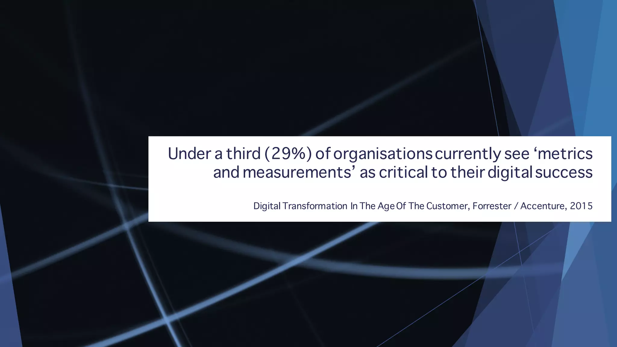 Under a third (29%) oforganisationscurrently see ‘metrics
and measurements’ as critical to their digitalsuccess
Digital Transformation In The AgeOf The Customer, Forrester / Accenture, 2015
 