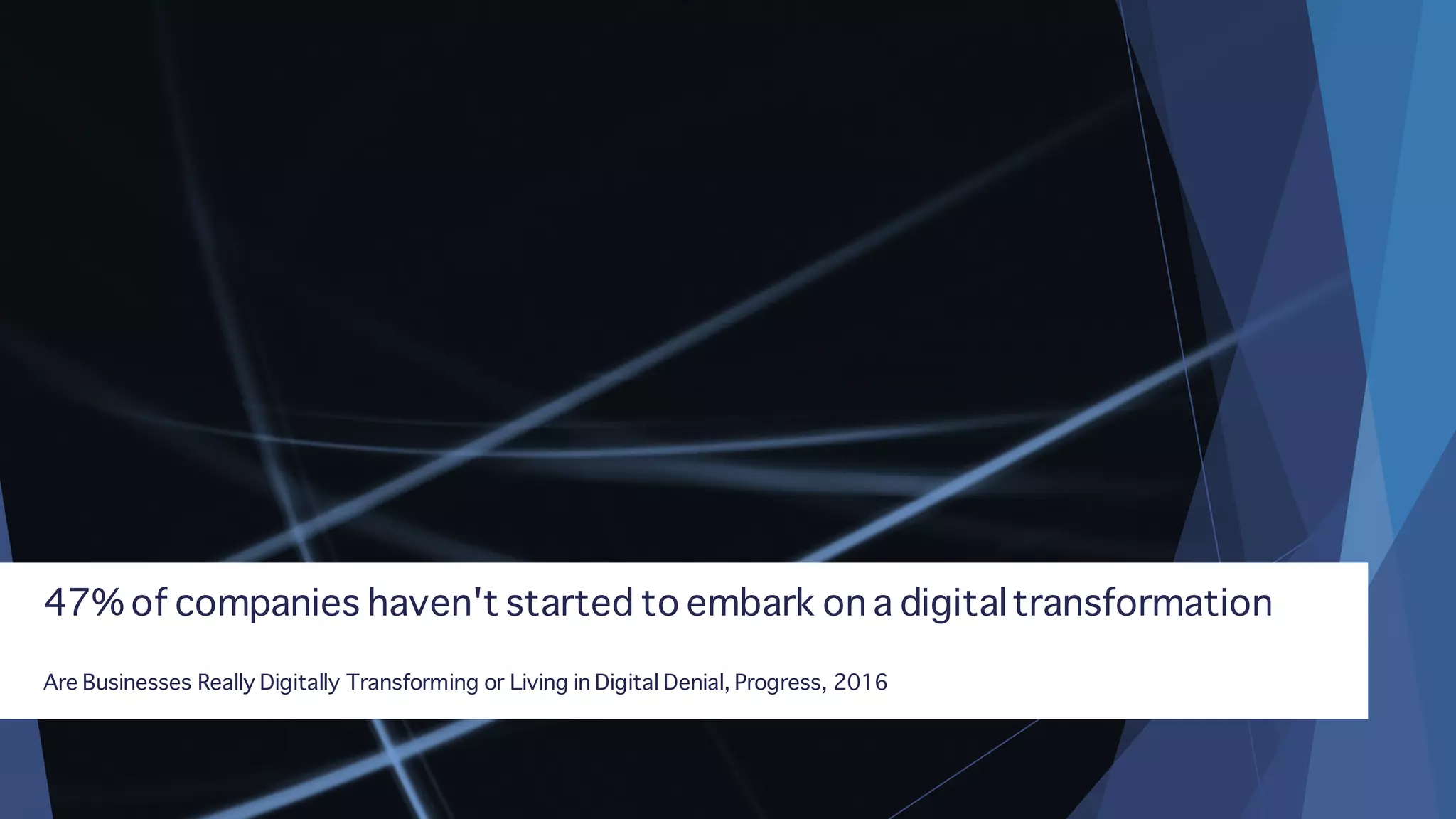 47% of companies haven't started to embark on a digitaltransformation
Are Businesses Really Digitally Transforming or Living in Digital Denial, Progress, 2016
 
