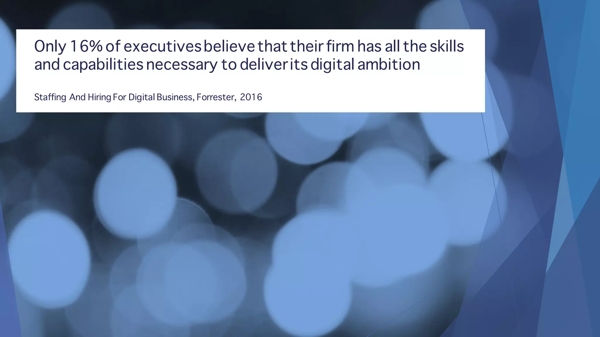 Only 16% of executivesbelievethattheir firm has all the skills
and capabilities necessary to deliverits digital ambition
Staffing And Hiring For Digital Business, Forrester, 2016
 