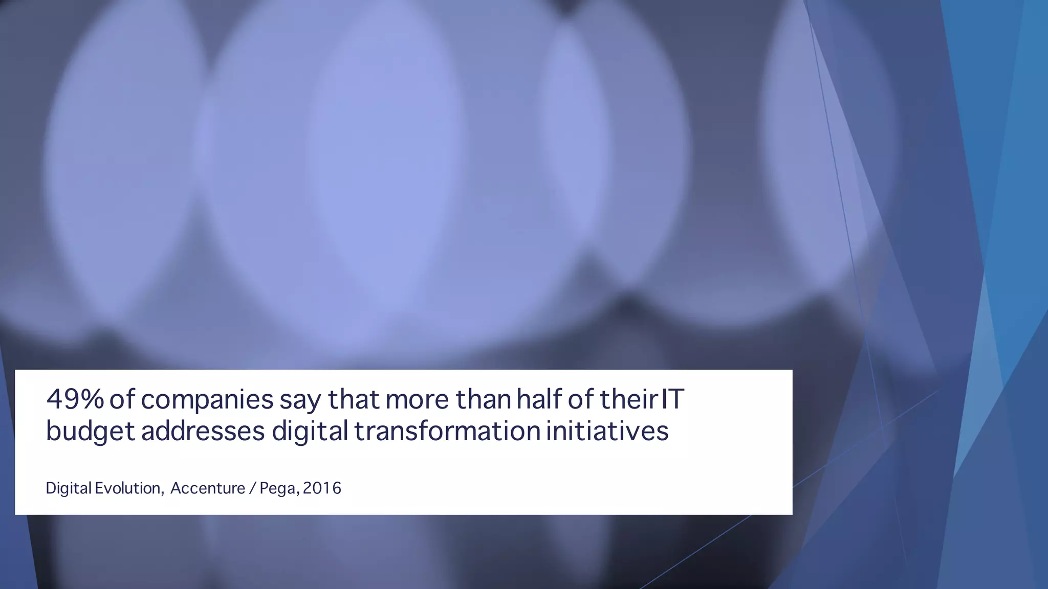 49% of companies say that more than half of theirIT
budget addresses digital transformation initiatives
Digital Evolution, Accenture / Pega,2016
 