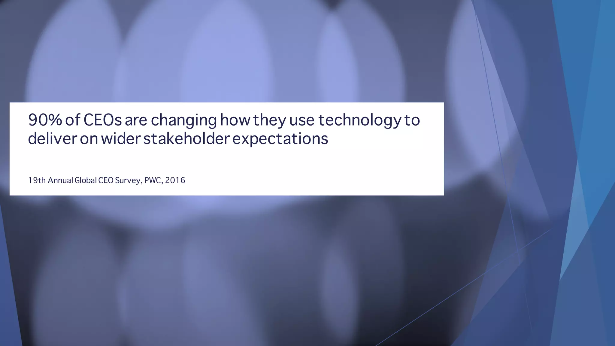 90% of CEOs are changing howthey use technologyto
deliver on wider stakeholder expectations
19th Annual Global CEO Survey, PWC, 2016
 