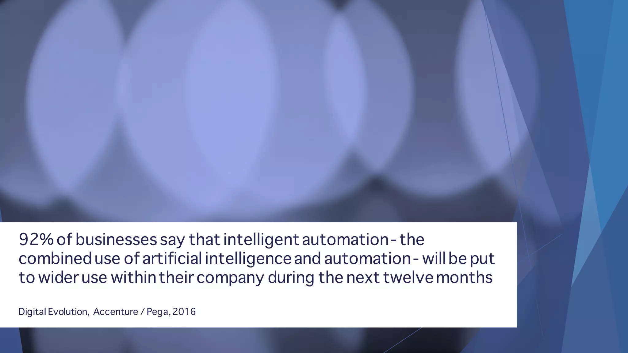 92% of businesses say that intelligentautomation- the
combineduse of artificial intelligenceand automation- willbe put
to wider use withintheir company during the next twelvemonths
Digital Evolution, Accenture / Pega,2016
 