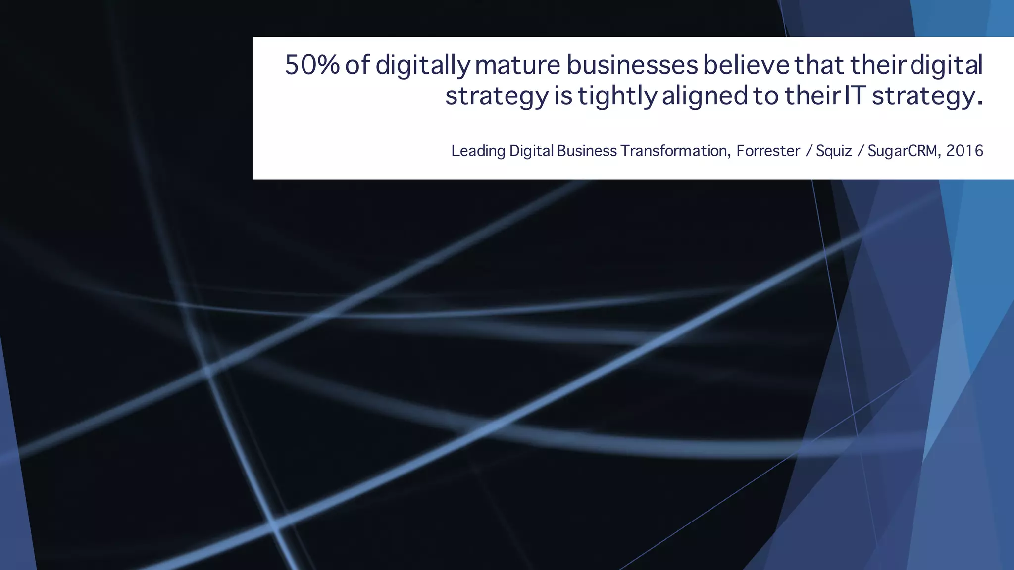 50% of digitallymature businesses believethat theirdigital
strategy is tightlyalignedto theirIT strategy.
Leading Digital Business Transformation, Forrester / Squiz / SugarCRM, 2016
 