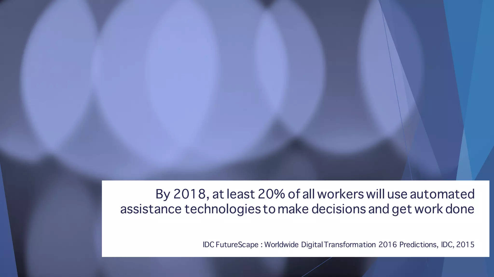 By 2018, at least 20% of all workers will use automated
assistance technologiestomake decisions and get work done
IDC FutureScape : Worldwide DigitalTransformation 2016 Predictions, IDC, 2015
 