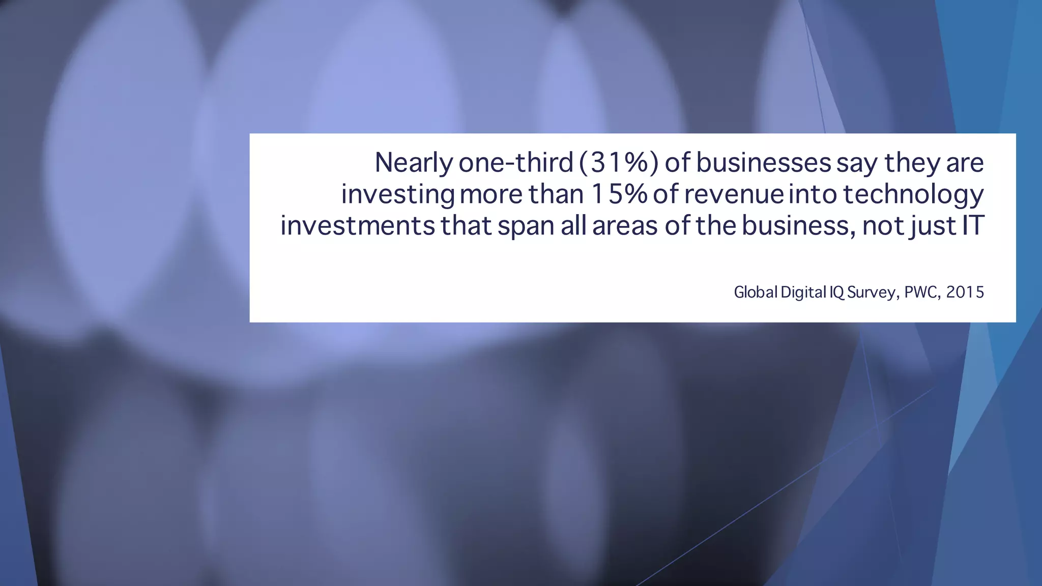 Nearly one-third(31%) of businesses say they are
investingmore than 15% of revenueinto technology
investments that span all areas of the business, not just IT
Global Digital IQ Survey, PWC, 2015
 