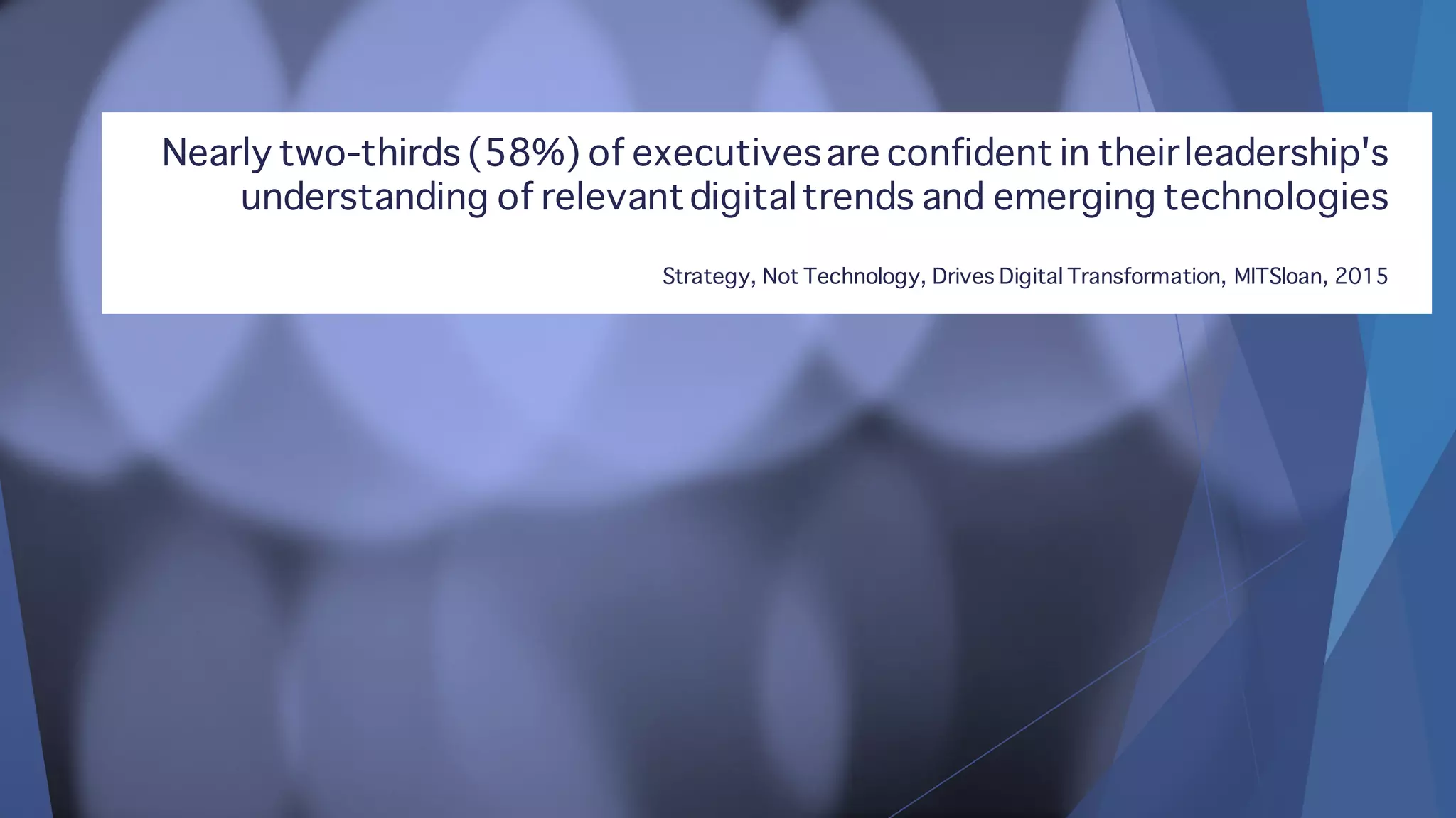 Nearly two-thirds (58%) of executivesare confident in theirleadership's
understanding of relevantdigitaltrends and emerging technologies
Strategy, Not Technology, Drives Digital Transformation, MITSloan, 2015
 