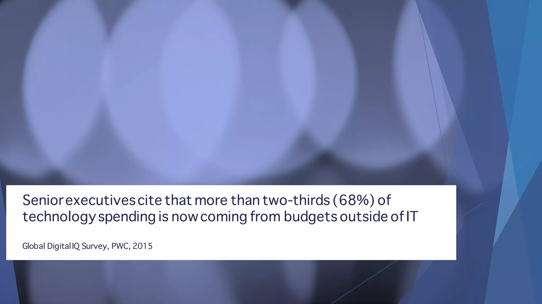 Seniorexecutivescite that more than two-thirds (68%) of
technologyspending is nowcoming from budgets outside ofIT
Global DigitalIQ Survey, PWC, 2015
 