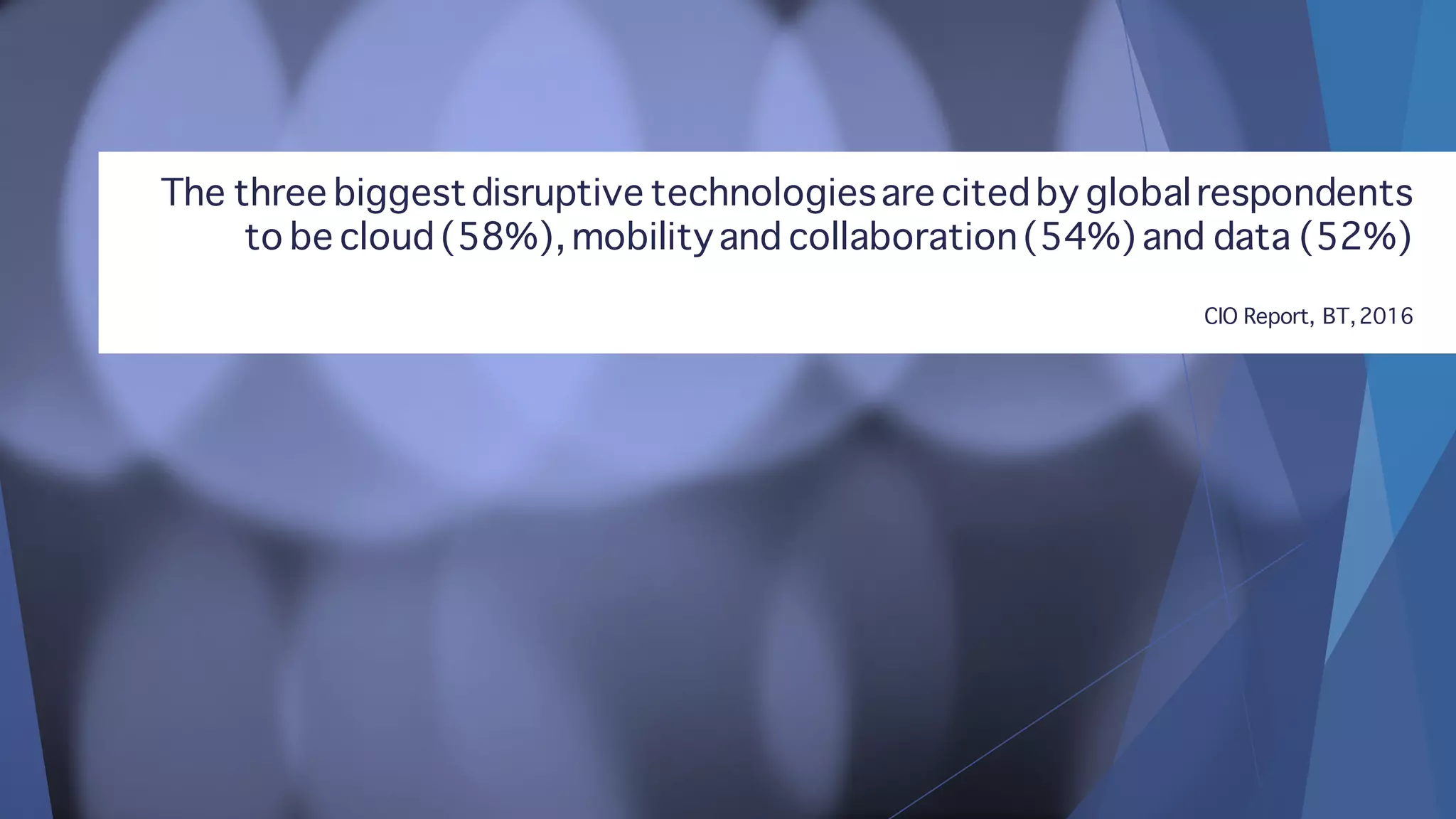 The three biggestdisruptive technologiesare citedby globalrespondents
to be cloud(58%), mobilityand collaboration(54%)and data (52%)
CIO Report, BT,2016
 