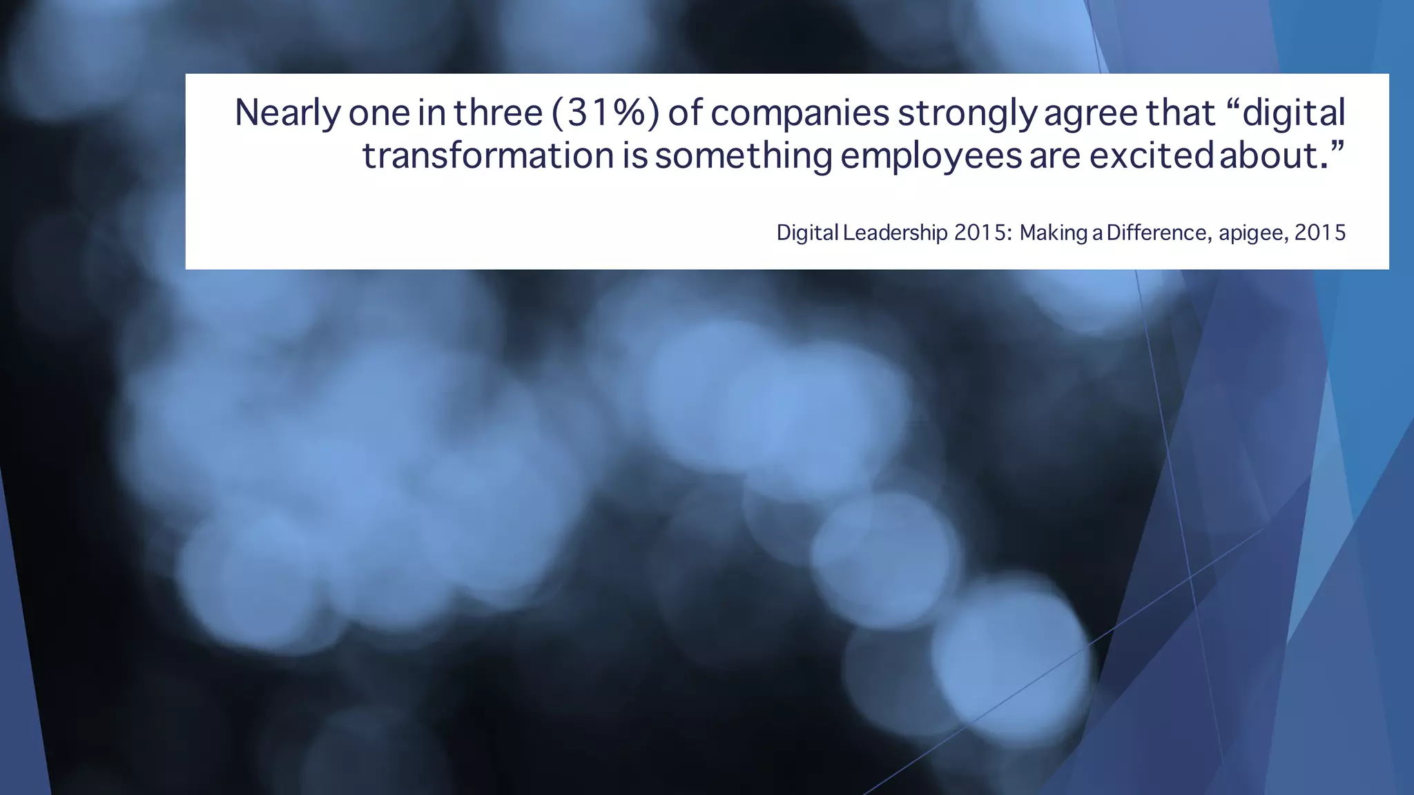 Nearly one in three (31%) of companies stronglyagree that “digital
transformation is something employees are excitedabout.”
Digital Leadership 2015: Making a Difference, apigee, 2015
 