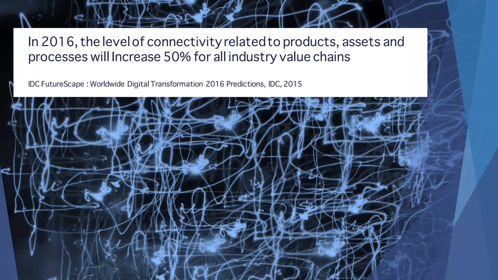 In 2016, the levelof connectivityrelatedto products, assets and
processes will Increase 50% for all industry value chains
IDC FutureScape : Worldwide Digital Transformation 2016 Predictions, IDC, 2015
 
