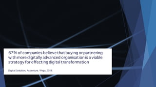 67% of companies believethatbuying or partnering
with more digitallyadvanced organisationis a viable
strategy for effectingdigital transformation
Digital Evolution, Accenture / Pega,2016
 