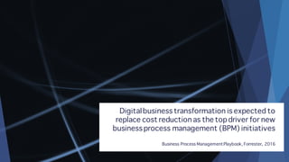 Digitalbusiness transformation is expected to
replace cost reduction as the topdriver for new
business process management (BPM) initiatives
Business Process ManagementPlaybook, Forrester, 2016
 