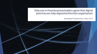 Only one in three business leaders agree that digital
priorities are fully alignedwithintheir organisation
Retail Digital Transformation, Fujitsu, 2016
 