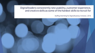 Digitalleaders consistentlyrate usability,customer experience,
and creative skills as some of the hardest skills to recruit for
Staffing And Hiring For Digital Business, Forrester, 2016
 
